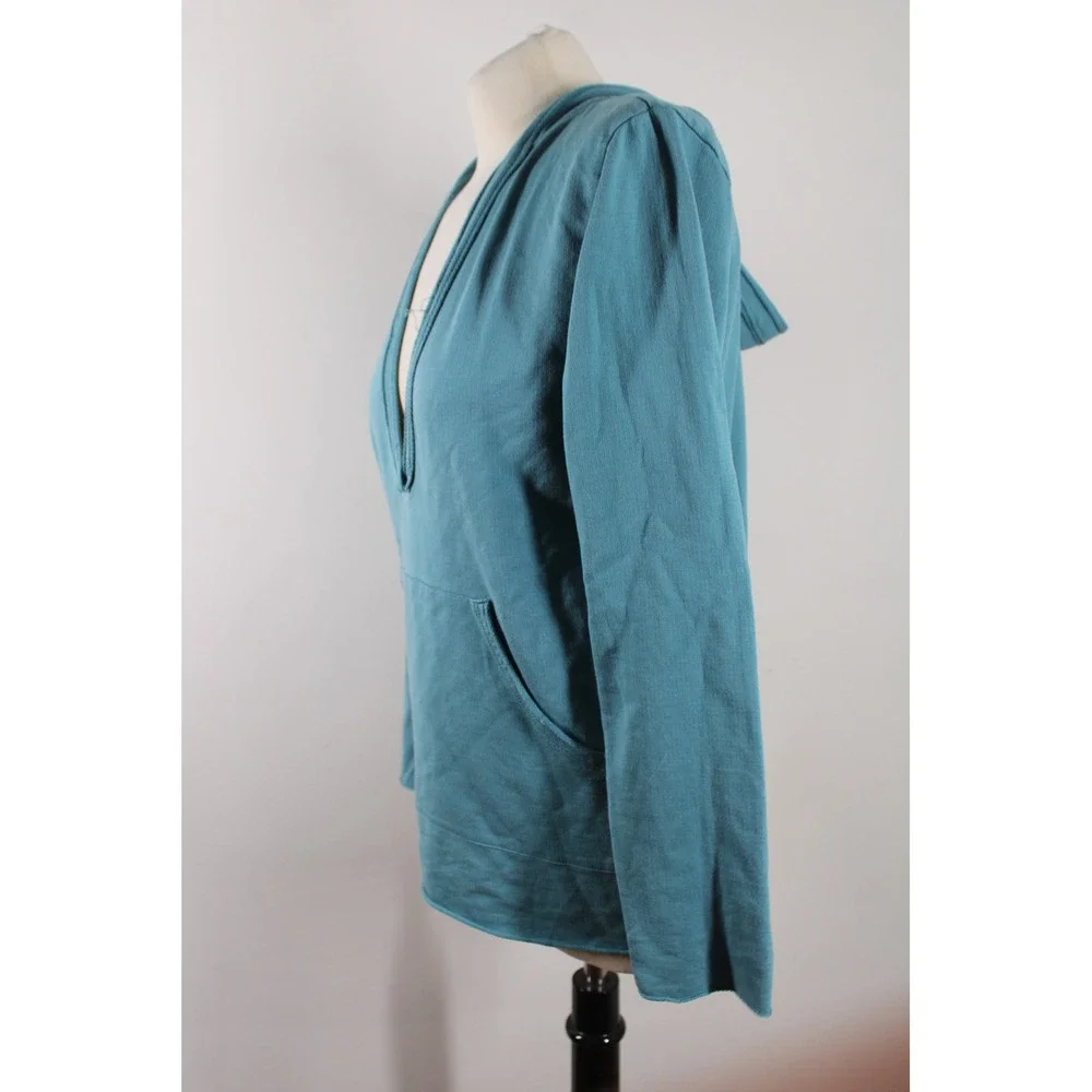 WinterSilks M Teal Blue Spun Silk Cotton V-Neck Hoodie Kangaroo Pocket Raw Hem - Picture 4 of 8
